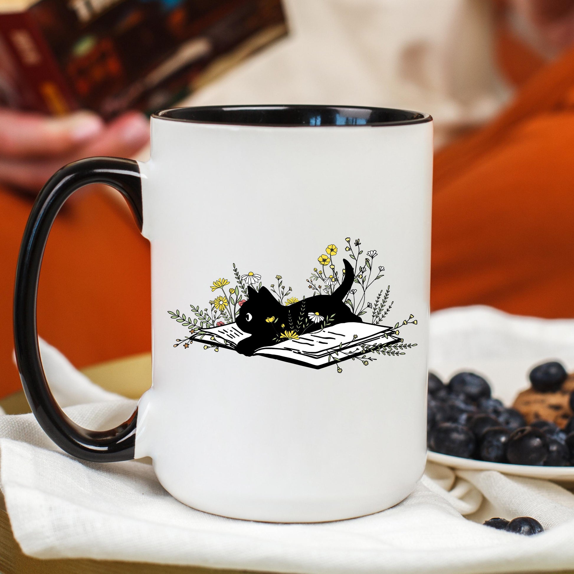 Black Cat Reading Coffee Mug, Book Lover Cat Mug, Reading Cat Coffee Cup, Cat Lover Mug, Ceramic Mug, 11 oz Mug, 15 oz Mug