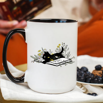 Black Cat Reading Coffee Mug, Book Lover Cat Mug, Reading Cat Coffee Cup, Cat Lover Mug, Ceramic Mug, 11 oz Mug, 15 oz Mug