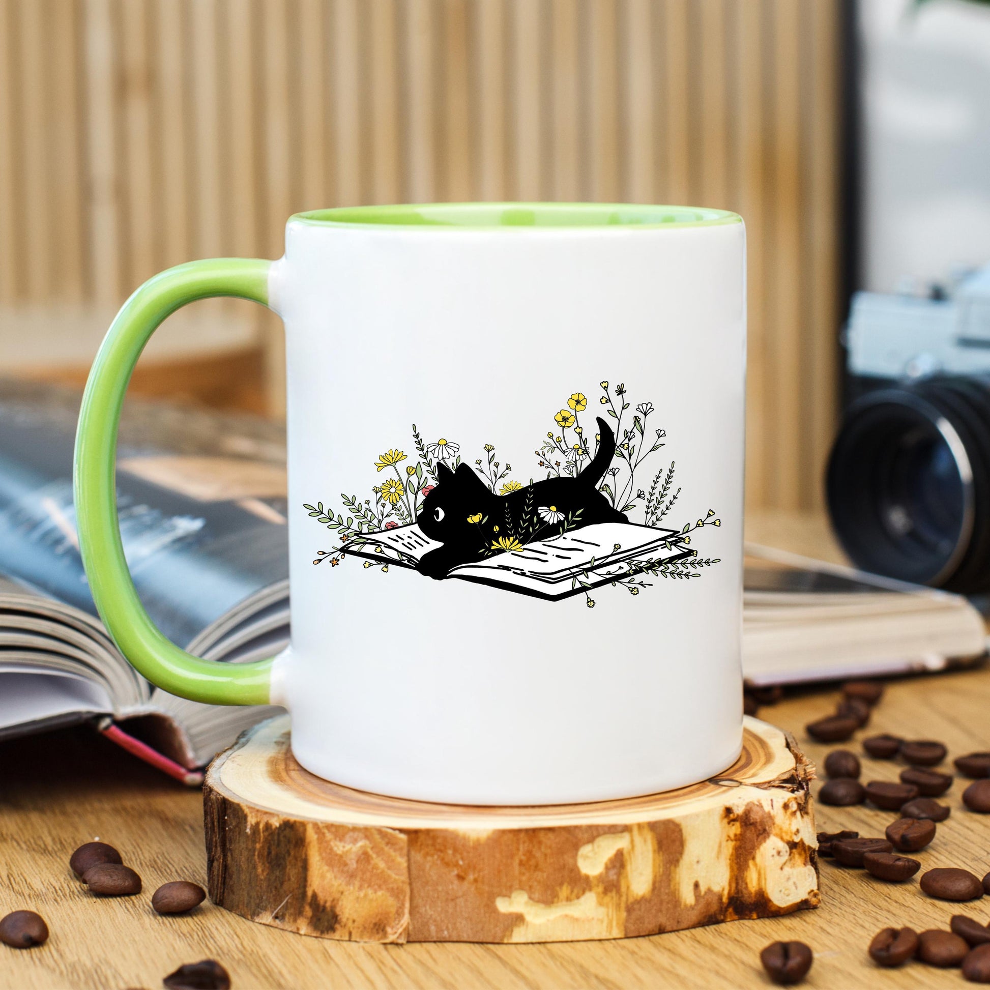Black Cat Reading Coffee Mug, Book Lover Cat Mug, Reading Cat Coffee Cup, Cat Lover Mug, Ceramic Mug, 11 oz Mug, 15 oz Mug