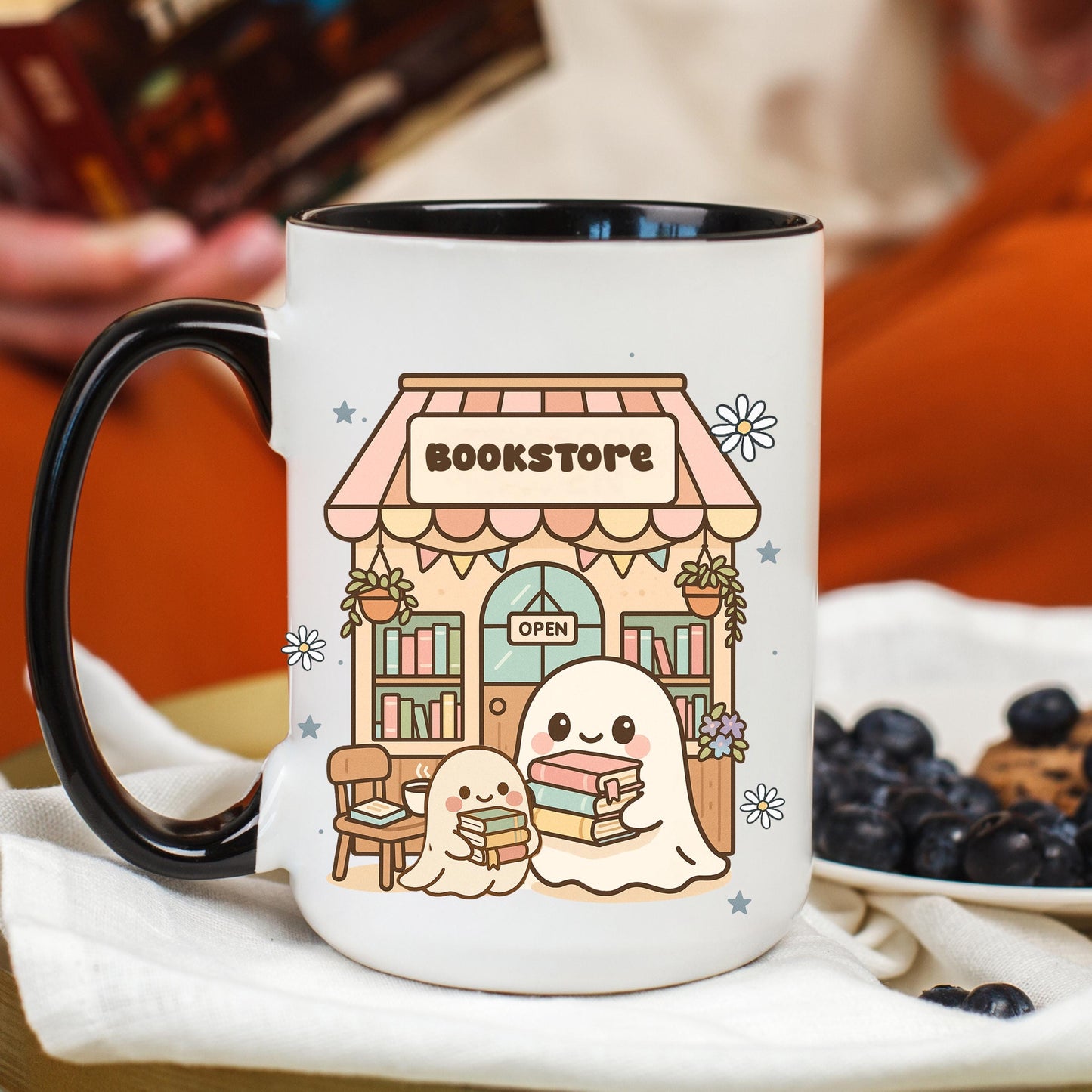 Cute Ghost Bookstore Coffee Mug, Book Lover Mug, Reading Coffee Cup, Bookstore Mug, Ceramic Mug, 11 oz Mug, 15 oz Mug
