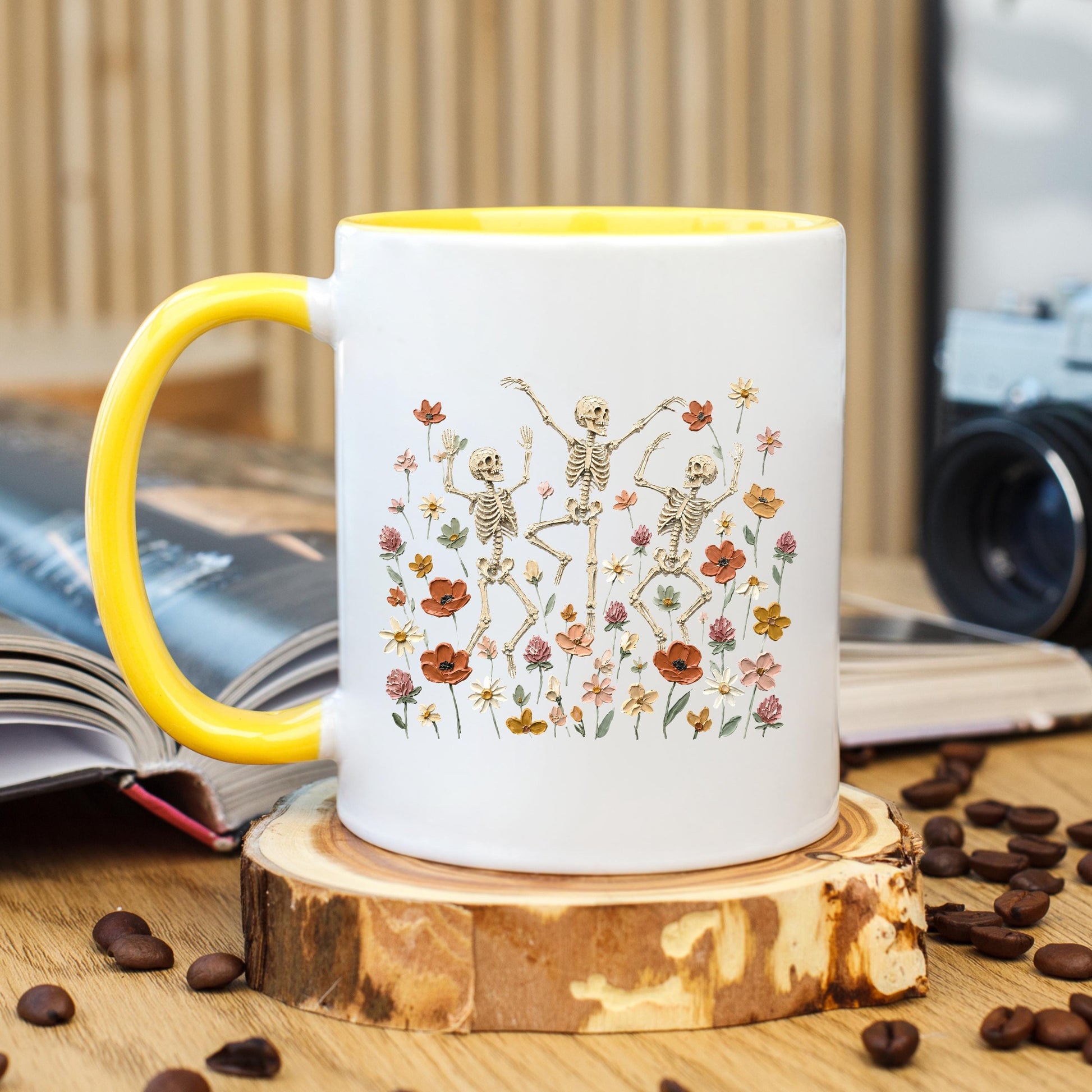 Dancing Skeleton Coffee Mug, Floral Skeleton Mug, Skeleton Coffee Cup, Spooky Mug, Ceramic Mug, 11 oz Mug, 15 oz Mug
