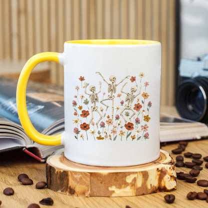 Dancing Skeleton Coffee Mug, Floral Skeleton Mug, Skeleton Coffee Cup, Spooky Mug, Ceramic Mug, 11 oz Mug, 15 oz Mug