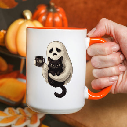 Ghost Cat Coffee Mug, Funny Black Cat Mug, Spooky Cat Coffee Cup, Halloween Cat Mug, Ceramic Mug, 11 oz Mug, 15 oz Mug