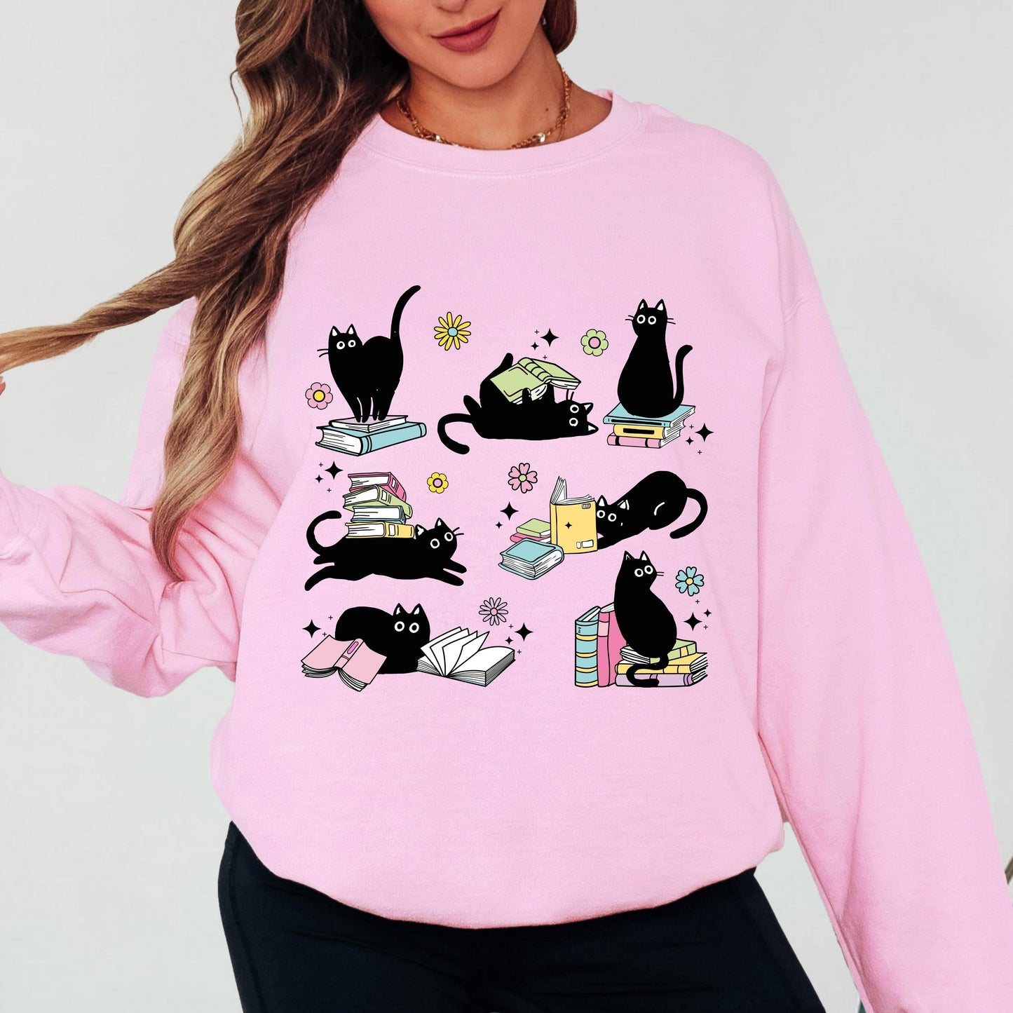Black Cat Book Lover Sweatshirt, Reading Cat Crewneck, Cute Bookworm Sweatshirt, Cat Lover Graphic Sweatshirt