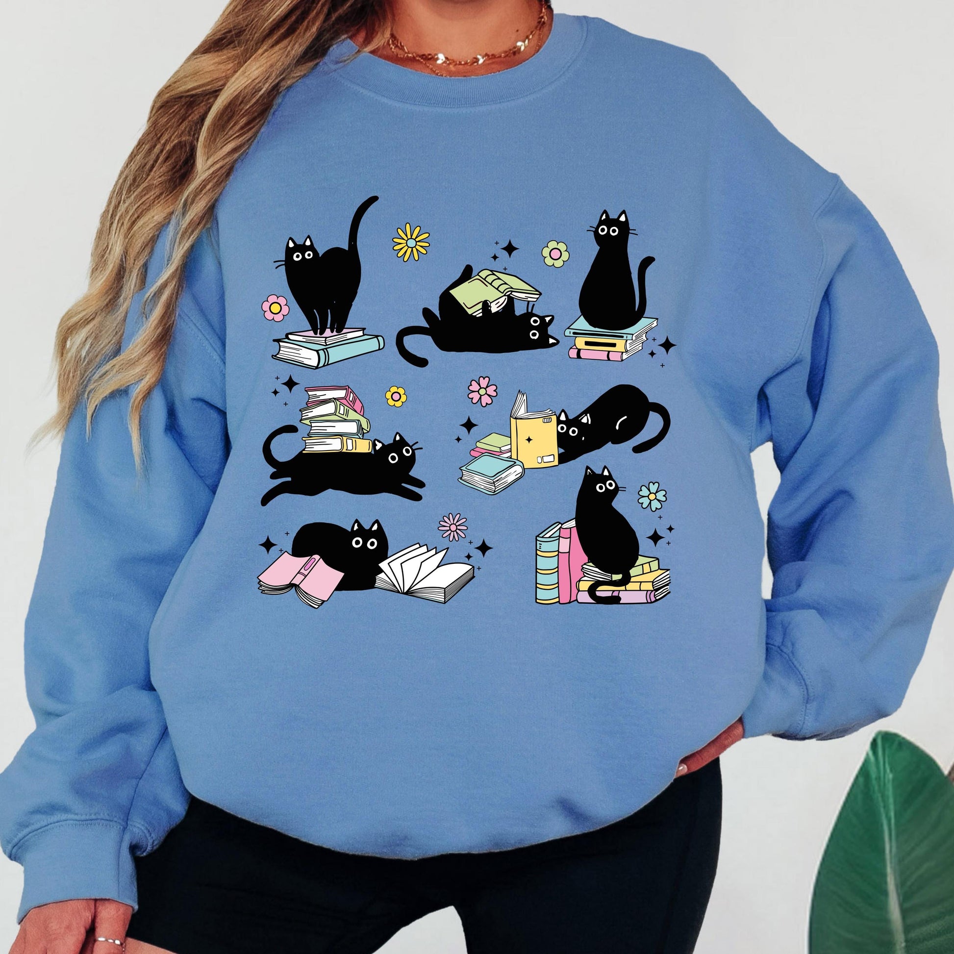 Black Cat Book Lover Sweatshirt, Reading Cat Crewneck, Cute Bookworm Sweatshirt, Cat Lover Graphic Sweatshirt