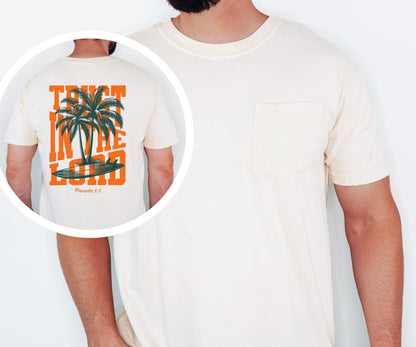 Trust in the Lord Shirt, Proverbs 3:5 Christian Shirt, Palm Tree Surf Graphic Tee, Beach Faith Shirt, Comfort Colors Men's Pocket Tee