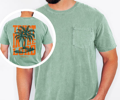 Trust in the Lord Shirt, Proverbs 3:5 Christian Shirt, Palm Tree Surf Graphic Tee, Beach Faith Shirt, Comfort Colors Men's Pocket Tee