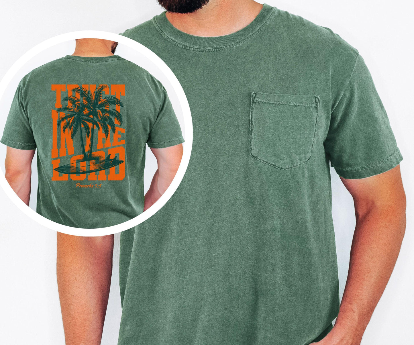 Trust in the Lord Shirt, Proverbs 3:5 Christian Shirt, Palm Tree Surf Graphic Tee, Beach Faith Shirt, Comfort Colors Men's Pocket Tee