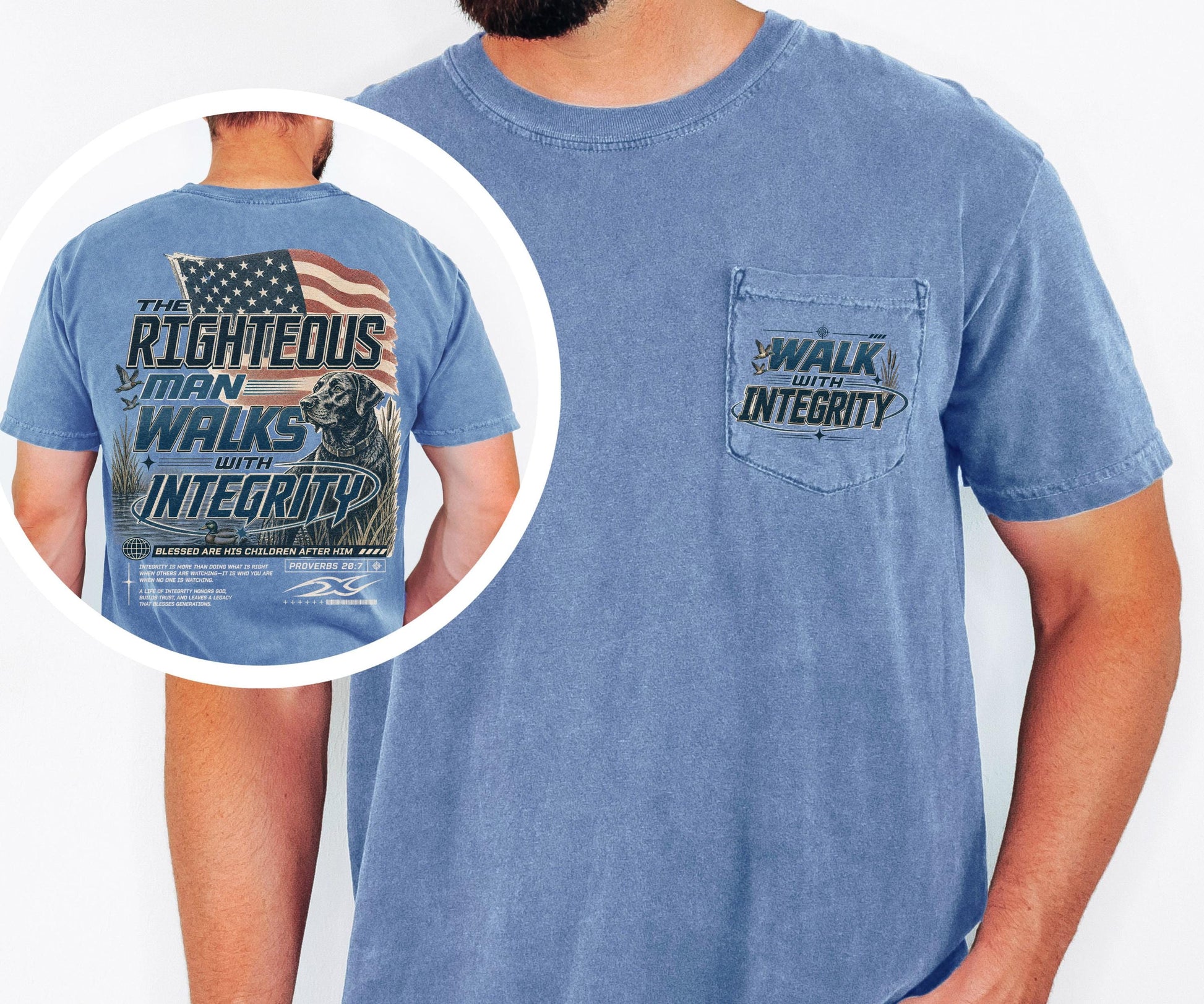 The Righteous Man Walks with Integrity Shirt, Proverbs 20:7 Christian Pocket Tee, American Flag Faith Shirt, Comfort Colors Men's Pocket Tee