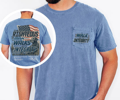 The Righteous Man Walks with Integrity Shirt, Proverbs 20:7 Christian Pocket Tee, American Flag Faith Shirt, Comfort Colors Men's Pocket Tee