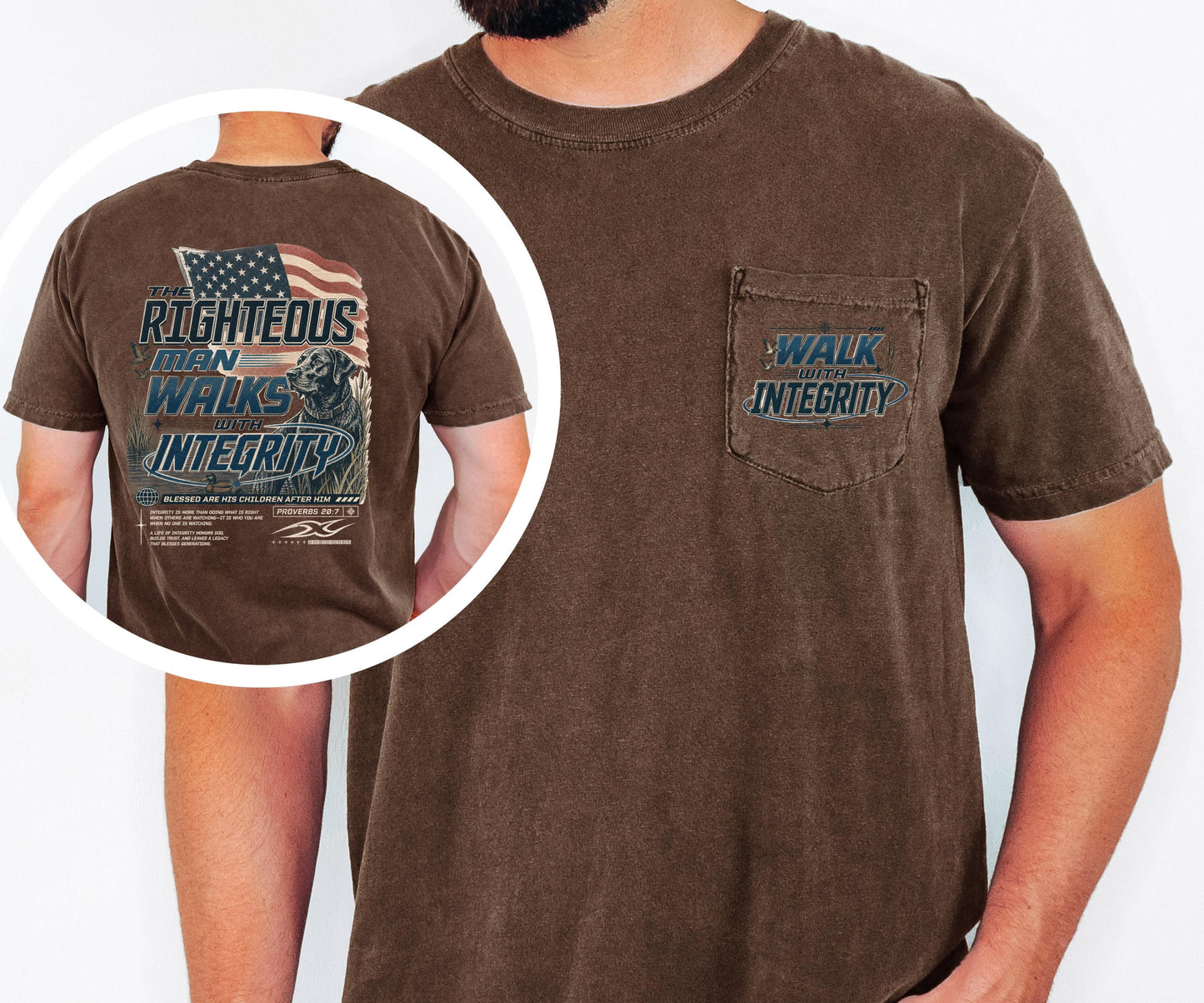 The Righteous Man Walks with Integrity Shirt, Proverbs 20:7 Christian Pocket Tee, American Flag Faith Shirt, Comfort Colors Men's Pocket Tee