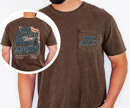The Righteous Man Walks with Integrity Shirt, Proverbs 20:7 Christian Pocket Tee, American Flag Faith Shirt, Comfort Colors Men's Pocket Tee
