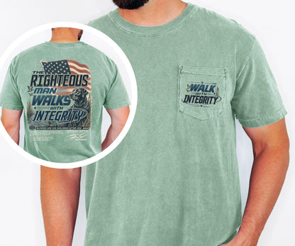 The Righteous Man Walks with Integrity Shirt, Proverbs 20:7 Christian Pocket Tee, American Flag Faith Shirt, Comfort Colors Men's Pocket Tee