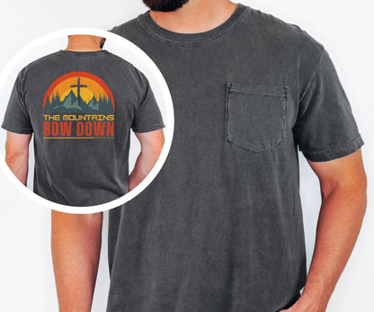 The Mountains Bow Down Shirt, Psalm 46:3 Christian Pocket T Shirt, Faith Mountain Graphic Tee, Comfort Colors 6030 Men's Pocket Shirt