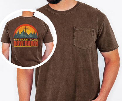 The Mountains Bow Down Shirt, Psalm 46:3 Christian Pocket T Shirt, Faith Mountain Graphic Tee, Comfort Colors 6030 Men's Pocket Shirt