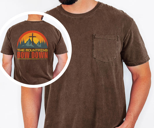 The Mountains Bow Down Shirt, Psalm 46:3 Christian Pocket T Shirt, Faith Mountain Graphic Tee, Comfort Colors 6030 Men's Pocket Shirt