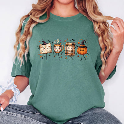 Halloween Book Lover Shirt, Cozy Fall Reading T-Shirt, Cute Pumpkin Book Coffee Graphic Tee, Spooky Season Reader Shirt