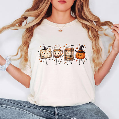 Halloween Book Lover Shirt, Cozy Fall Reading T-Shirt, Cute Pumpkin Book Coffee Graphic Tee, Spooky Season Reader Shirt