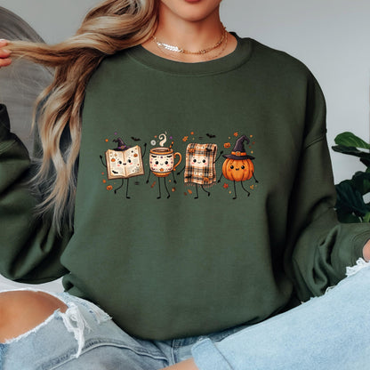 Halloween Book Lover Sweatshirt, Cozy Fall Reading Crewneck, Cute Pumpkin Book Coffee Sweatshirt, Spooky Season Reader