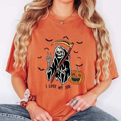 I Love My Job Halloween Shirt, Funny Skeleton Graphic Tee, Spooky Season Shirt, Vintage Halloween T-Shirt, Halloween Humor
