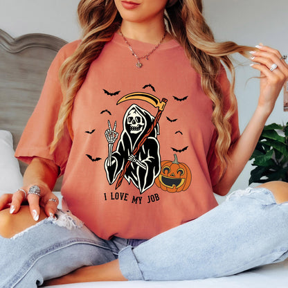 I Love My Job Halloween Shirt, Funny Skeleton Graphic Tee, Spooky Season Shirt, Vintage Halloween T-Shirt, Halloween Humor