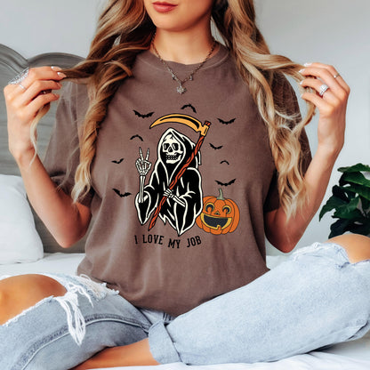 I Love My Job Halloween Shirt, Funny Skeleton Graphic Tee, Spooky Season Shirt, Vintage Halloween T-Shirt, Halloween Humor