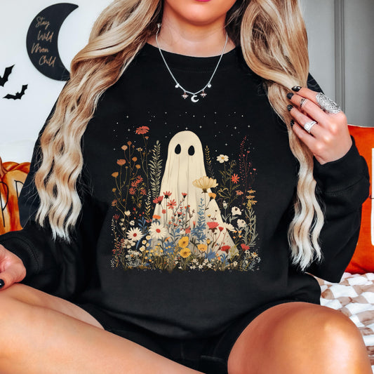 Halloween Ghost in Wildflowers Shirt, Spooky Fall Aesthetic Halloween Floral Sweatshirt, Cozy October Ghost Wildflowers Hoodie for Fall