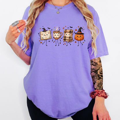 Halloween Book Lover Shirt, Cozy Fall Reading T-Shirt, Cute Pumpkin Book Coffee Graphic Tee, Spooky Season Reader Shirt