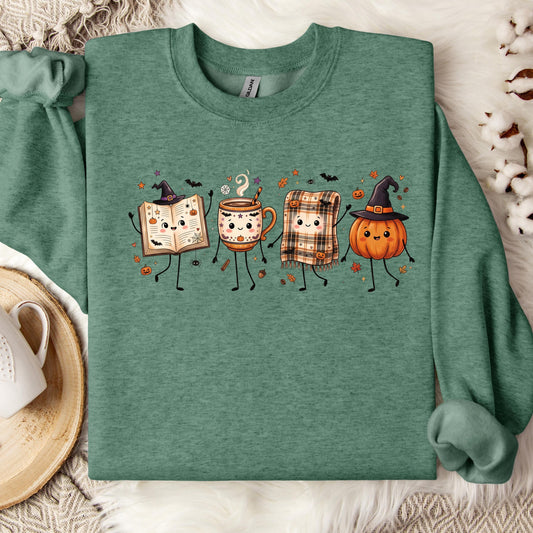 Halloween Book Lover Sweatshirt, Cozy Fall Reading Crewneck, Cute Pumpkin Book Coffee Sweatshirt, Spooky Season Reader
