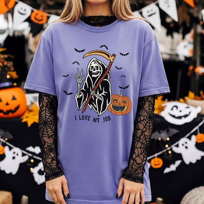 I Love My Job Halloween Shirt, Funny Skeleton Graphic Tee, Spooky Season Shirt, Vintage Halloween T-Shirt, Halloween Humor