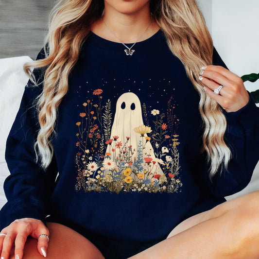 Halloween Ghost in Wildflowers Shirt, Spooky Fall Aesthetic Halloween Floral Sweatshirt, Cozy October Ghost Wildflowers Hoodie for Fall