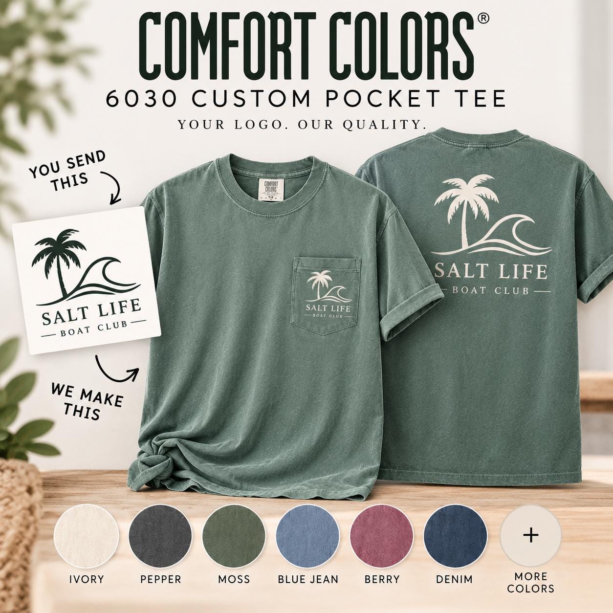 Comfort Colors 6030 Custom Pocket T-Shirt, Upload Your Logo, Personalized Business Shirt, Front Back Logo Tee