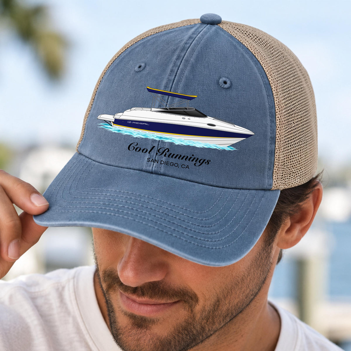 Sunwashed Trucker Hat, Personalized Boat Hat, Custom Boat Drawing Cap, Boat Photo Hat, Custom Boat Artwork, Boat Owner Gift