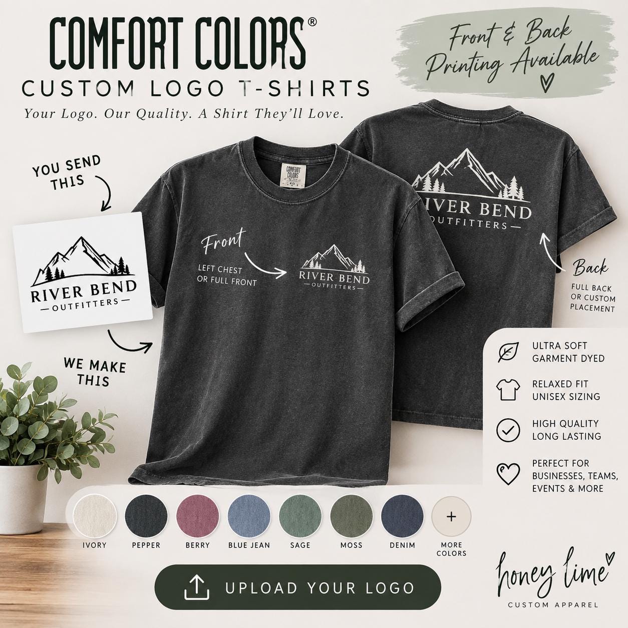 Comfort Colors 1717 Custom T-Shirt, Upload Your Logo, Personalized Business Shirt, Front Back Logo Tee