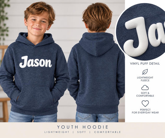 Youth Custom Puff Print Hoodie, Personalized Name Hoodie, Kids Team Name Sweatshirt, Lightweight Custom Hoodie