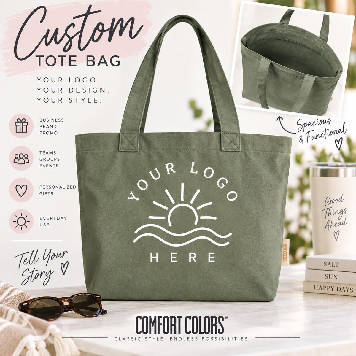 Comfort Colors Custom Tote Bag, Personalized Logo Tote, Custom Business Bag, Your Logo or Design, Cotton Canvas Zipper Tote