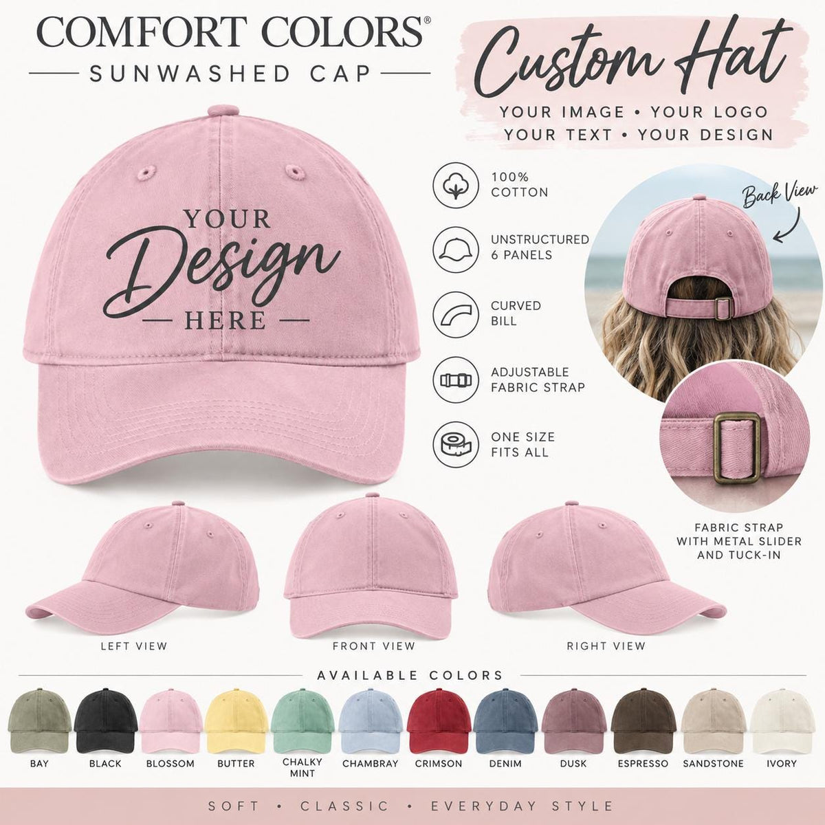 Personalized Hat, Custom Comfort Colors Baseball Cap, Add Your Photo Logo or Text, Custom Printed Hat, Custom Design Cap