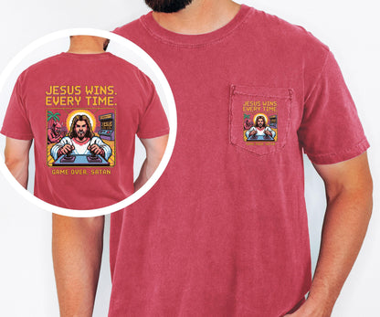 Jesus Wins Every Time Shirt Comfort Colors Pocket Tee Game Over Satan Christian Shirt Retro Jesus Tee Christian Faith Graphic Tee