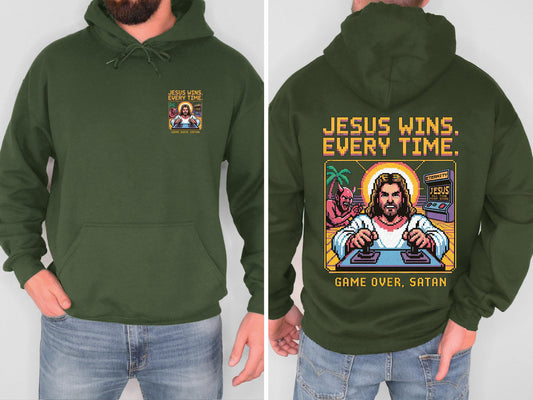 Jesus Wins Every Time Hoodie Game Over Satan Christian Sweatshirt Retro Jesus Shirt Faith Hoodie Christian Graphic Religious Gift