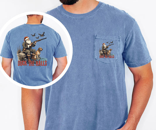Duck the Halls Christmas Shirt Comfort Colors Pocket Tee Santa Hunting Shirt Duck Hunter Christmas Tee Funny Outdoors Holiday Shirt