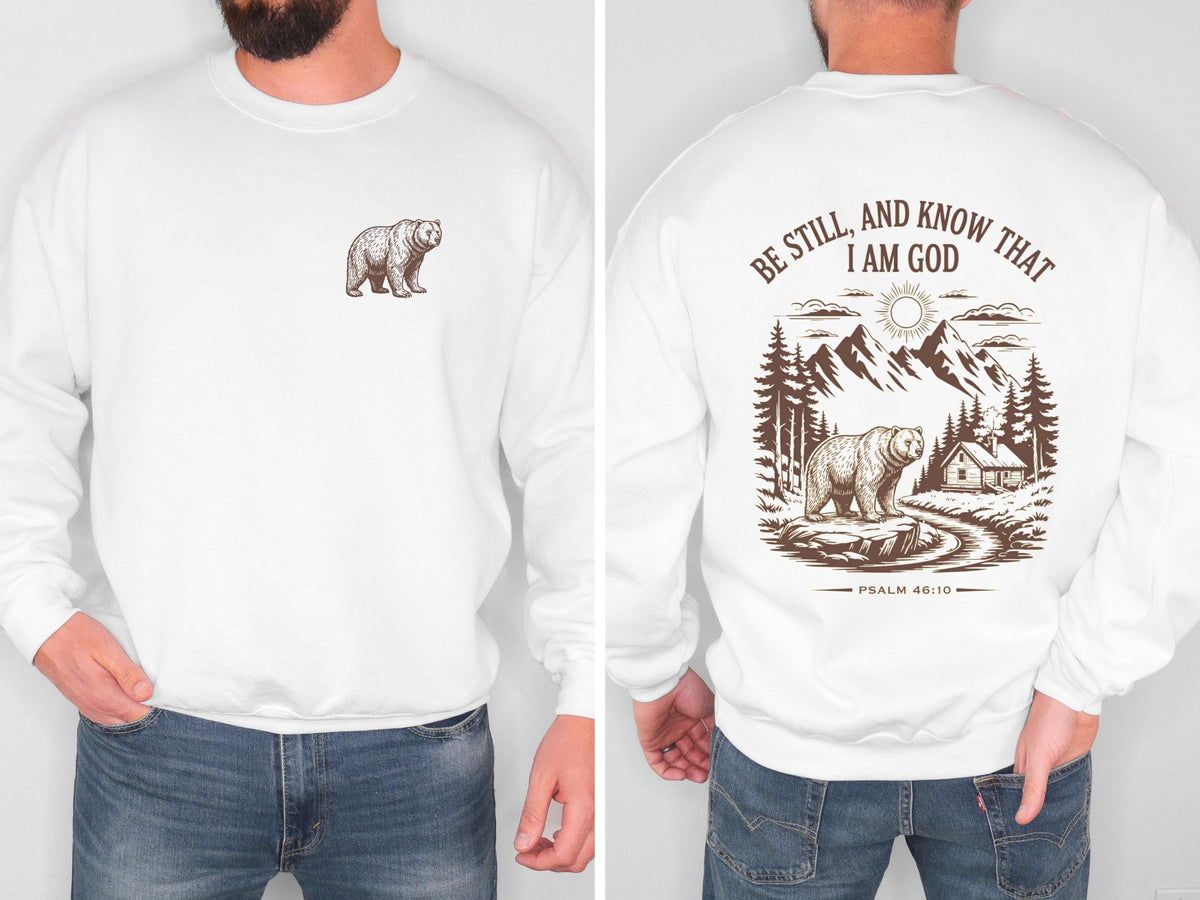 Be Still and Know Christian Bear Sweatshirt Psalm 46:10 Bible Verse Crewneck Mountain Faith Shirt Outdoor Christian Sweatshirt