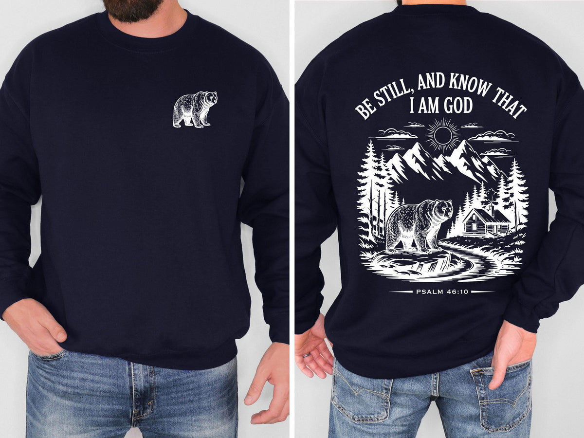 Be Still and Know Christian Bear Sweatshirt Psalm 46:10 Bible Verse Crewneck Mountain Faith Shirt Outdoor Christian Sweatshirt