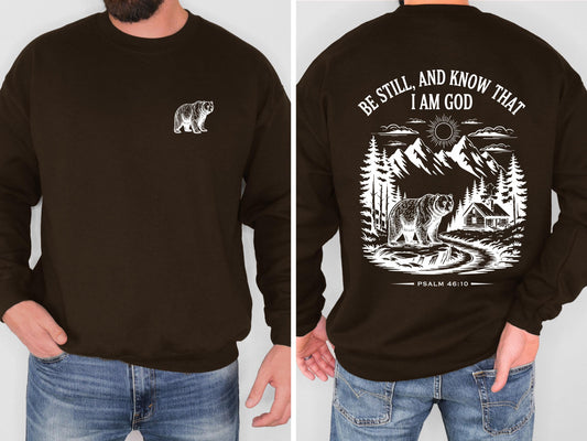 Be Still and Know Christian Bear Sweatshirt Psalm 46:10 Bible Verse Crewneck Mountain Faith Shirt Outdoor Christian Sweatshirt