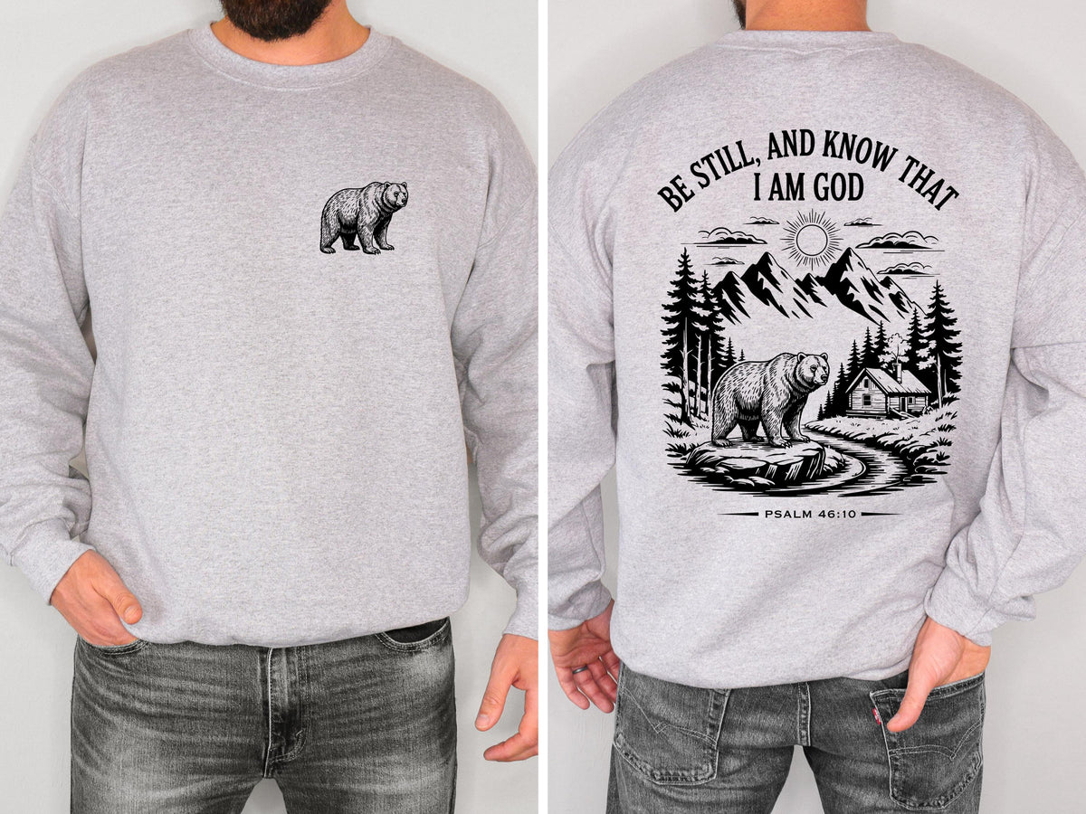 Be Still and Know Christian Bear Sweatshirt Psalm 46:10 Bible Verse Crewneck Mountain Faith Shirt Outdoor Christian Sweatshirt