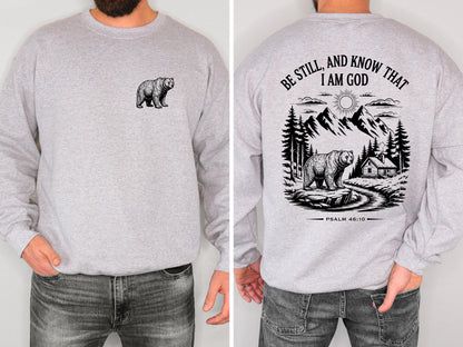 Be Still and Know Christian Bear Sweatshirt Psalm 46:10 Bible Verse Crewneck Mountain Faith Shirt Outdoor Christian Sweatshirt