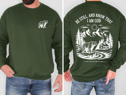 Be Still and Know Christian Bear Sweatshirt Psalm 46:10 Bible Verse Crewneck Mountain Faith Shirt Outdoor Christian Sweatshirt