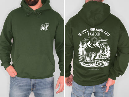 Be Still and Know Christian Bear Hoodie Psalm 46:10 Bible Verse Sweatshirt Mountain Faith Shirt Outdoor Christian Hoodie
