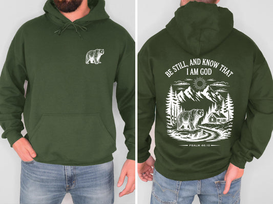 Be Still and Know Christian Bear Hoodie Psalm 46:10 Bible Verse Sweatshirt Mountain Faith Shirt Outdoor Christian Hoodie