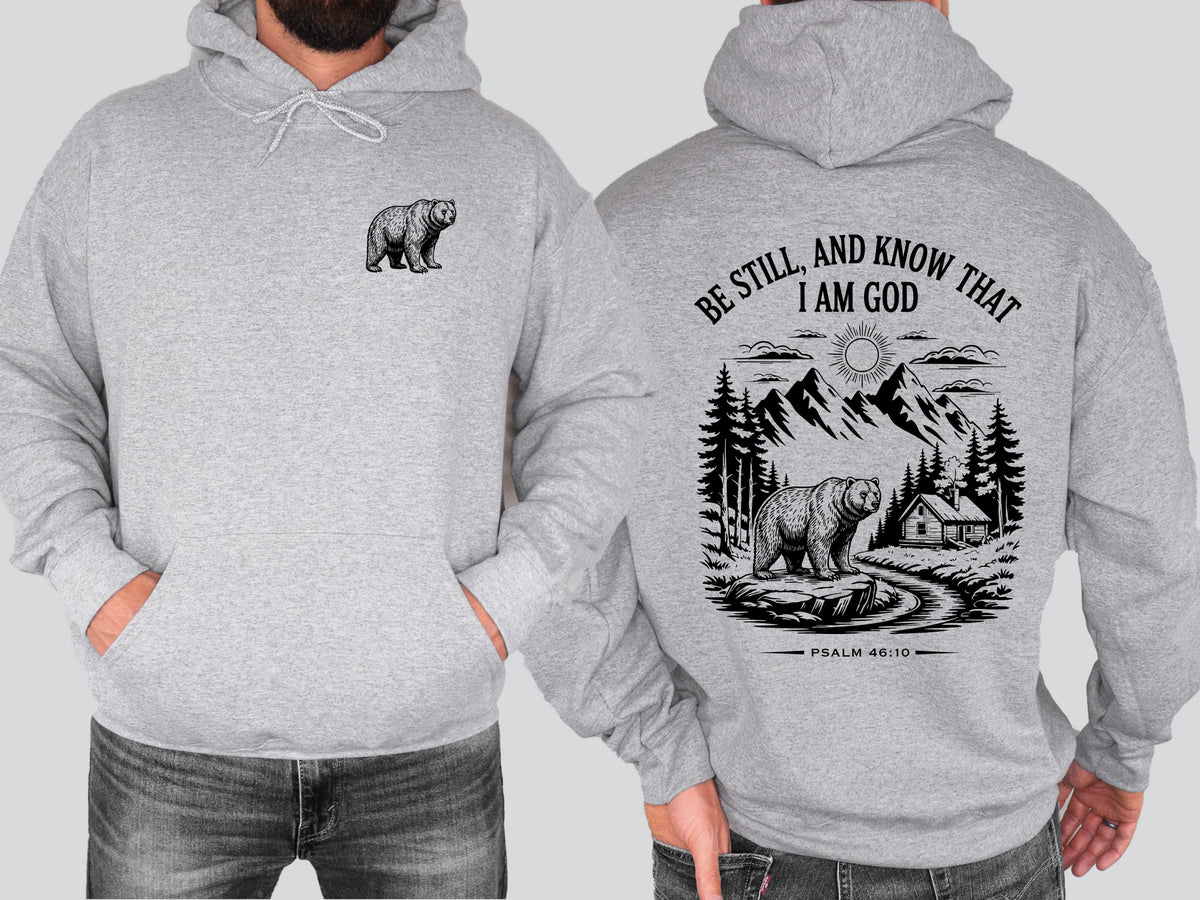 Be Still and Know Christian Bear Hoodie Psalm 46:10 Bible Verse Sweatshirt Mountain Faith Shirt Outdoor Christian Hoodie