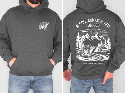 Be Still and Know Christian Bear Hoodie Psalm 46:10 Bible Verse Sweatshirt Mountain Faith Shirt Outdoor Christian Hoodie